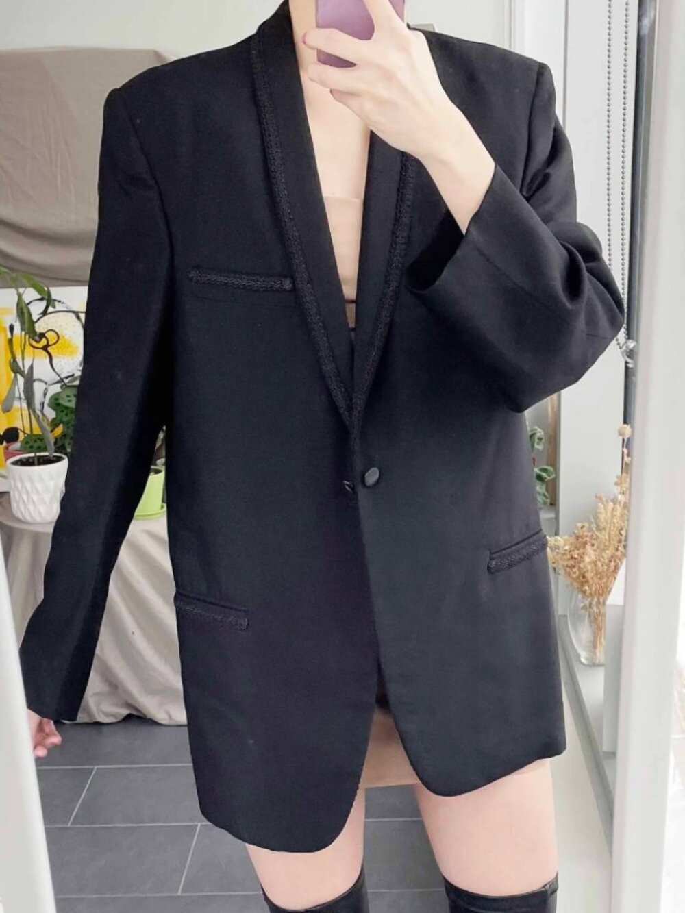 Oversized lace trim blazer in Black
